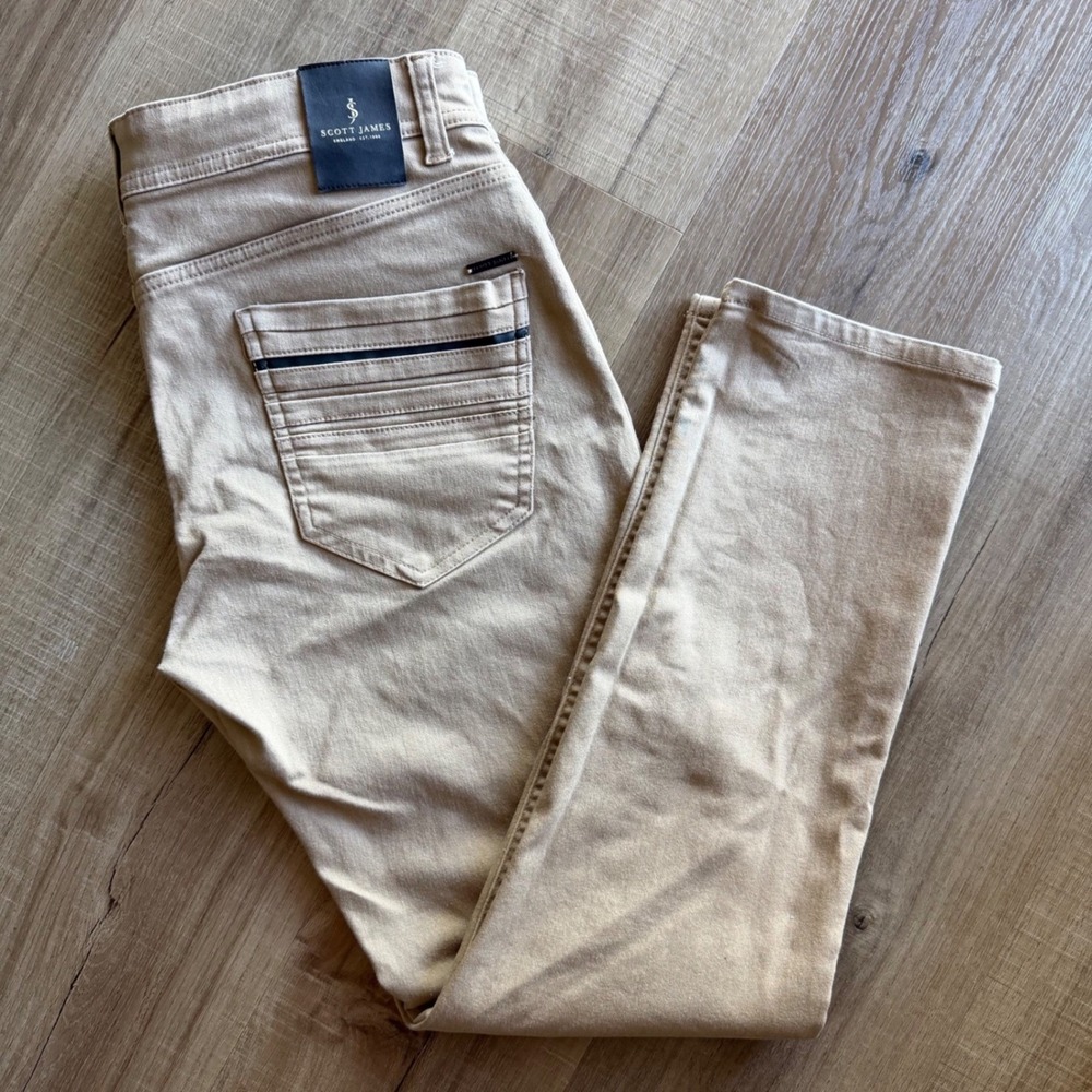 Scott James Mens Slim Fit Tan Khaki Stretch Pant 34x30 Pleated Back PocketDetail